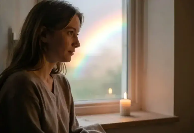 Person sitting peacefully by a window, illuminated by soft morning light, with a fleeting rainbow outside and a steady candle flame inside, symbolizing the silent difference between temporary happiness and enduring joy