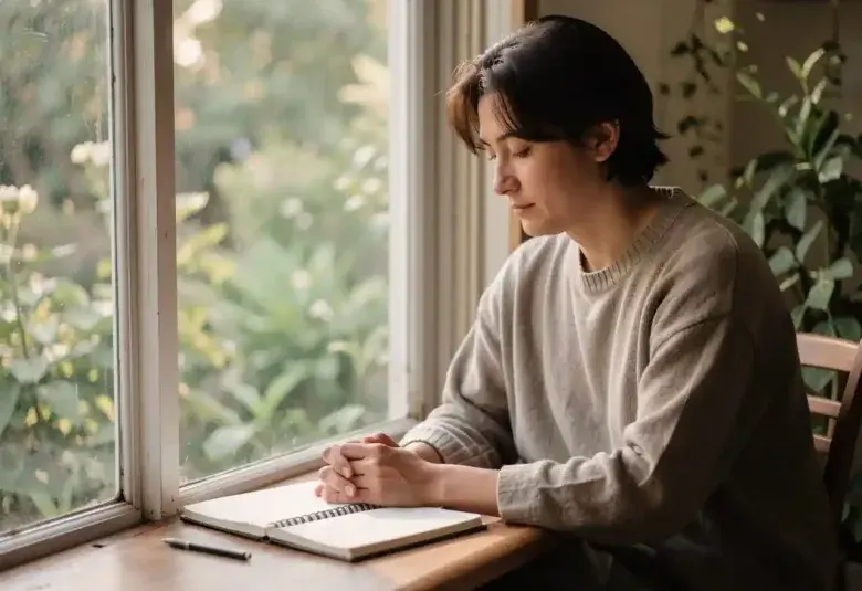 Person sitting peacefully in a garden writing in a notebook, representing mindful well-being