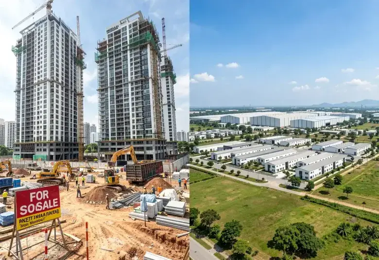 Philippine real estate market analysis: Split view comparing Metro Manila vertical growth with provincial industrial expansion - H1 2024 vs H1 2025 trends