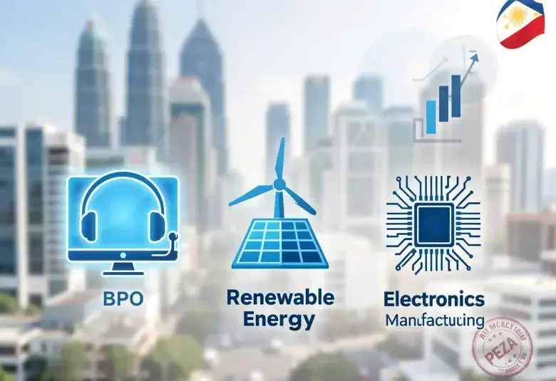 Philippines investment guide infographic: Icons representing BPO, renewable energy, and electronics manufacturing sectors with a modern cityscape background