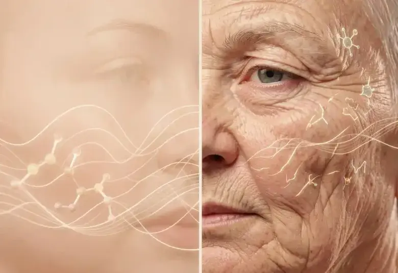 Scientific macro illustration comparing young, elastic skin structure with aging skin showing wrinkles and collagen loss, representing the science of skin aging after 40