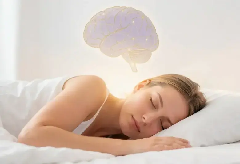 Serene woman sleeping with a faint, abstract brain outline above her, representing the link between menopause, sleep, and cognitive health