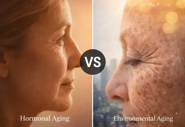 Side-by-side comparison image; left side shows a soft-focus profile of a woman's face with fine lines, right side shows a detailed close-up of skin with sunspots and wrinkles, with a 'VS' graphic in the middle