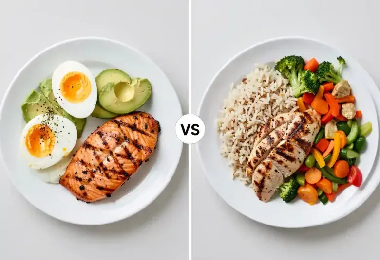 Split image comparing a keto plate with eggs and avocado to a low-calorie plate with chicken and rice