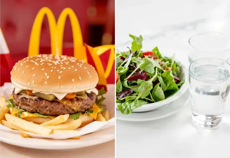 Split image showing a McDonald's burger and fries on one side and a healthy green salad with water on the other