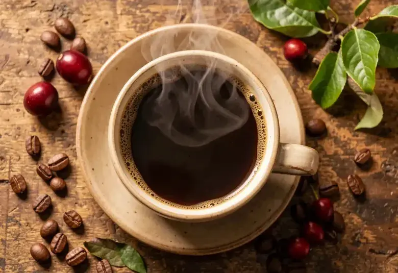 Steaming cup of coffee with fresh cherries and beans representing coffee's fruit origins