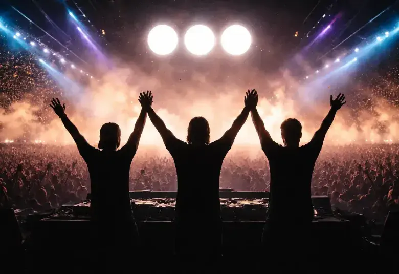 Three DJs with arms raised before a massive festival crowd, with their iconic three-dot logo in the sky, symbolizing Swedish House Mafia's electrifying legacy.