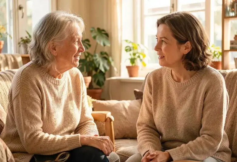 Two women of different generations having a warm, supportive conversation in a sunlit room, representing open dialogue about menopause