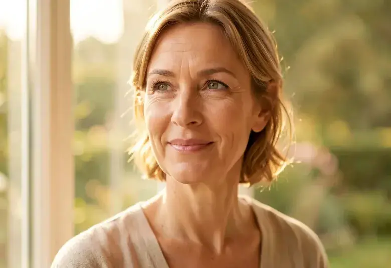 Warm portrait of a confident middle-aged woman with a gentle smile, natural lighting, representing dignity and openness about menopause