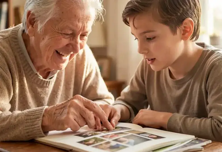 Warm, intimate close-up of an older person's weathered hand gently guiding a young person's hand as they look at a photo album together, with soft, natural light