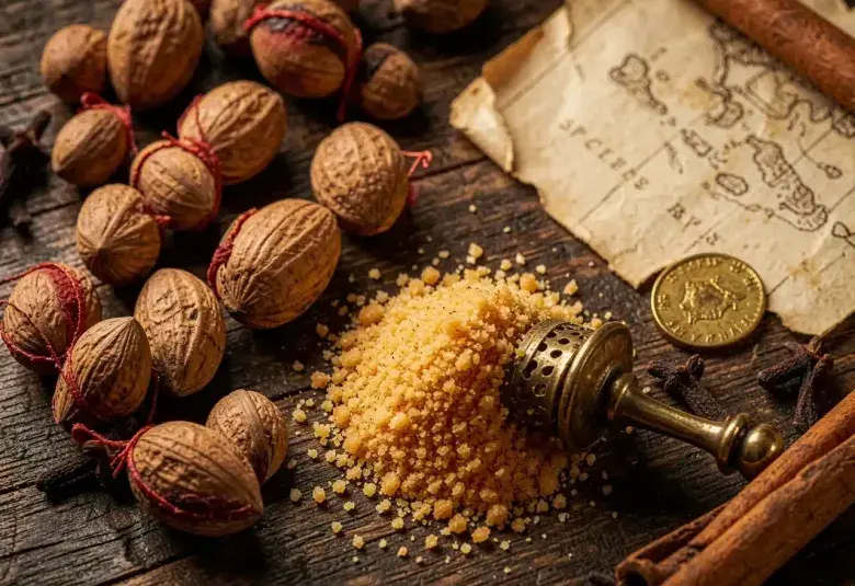 Whole nutmeg seeds with red mace, freshly grated spice, and a vintage grater on dark wood, symbolizing its rich history and culinary value.