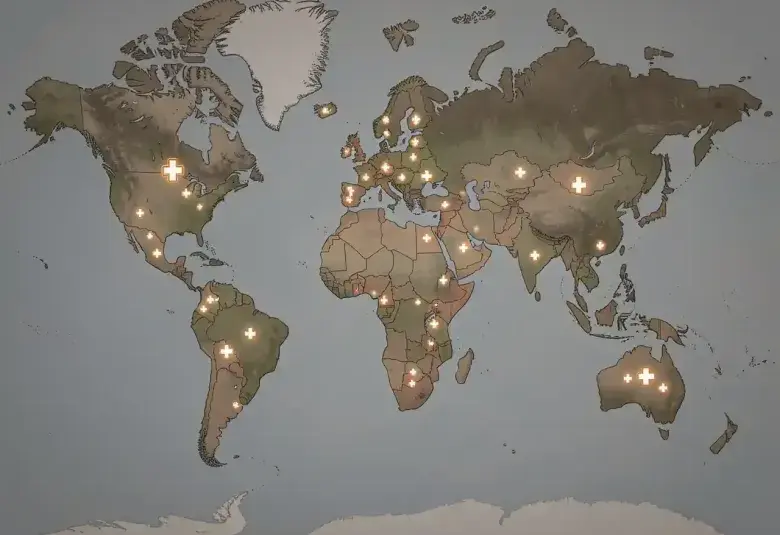 World map with glowing icons over Japan, Italy, Germany, and other nations representing aging challenges