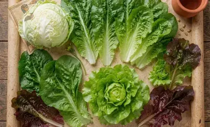 A vibrant array of diverse lettuce varieties arranged on wood with an ancient Egyptian motif, symbolizing its rich history and global journey.