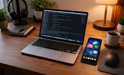 Apple laptop and Android smartphone side by side on a modern developer workspace