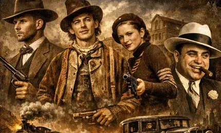 Famous outlaws collage featuring Jesse James Billy the Kid Bonnie and Clyde and Al Capone