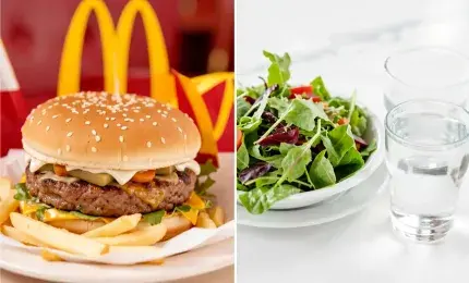 Split image showing a McDonald's burger and fries on one side and a healthy green salad with water on the other