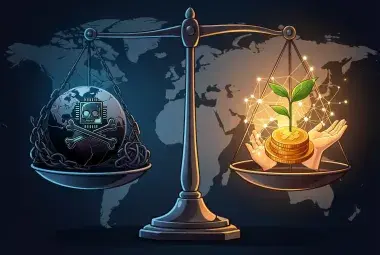 A balanced scale with dark warning symbols on one side and bright opportunity symbols on the other, representing the global divide between crypto risks and opportunities highlighted by the IMF and World Bank