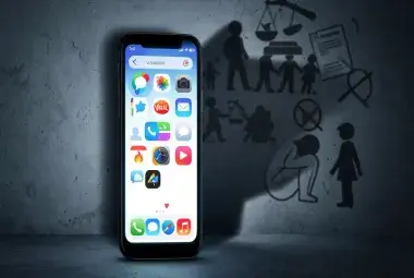 A bright smartphone screen showing viral icons casting a long shadow containing faint outlines of a gavel, a broken family, and a distressed figure, symbolizing the hidden emotional, legal, and personal costs of viral fame