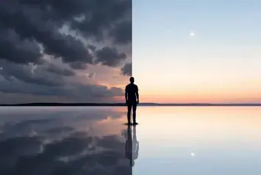 A calm human silhouette standing before a lake at dusk, with the sky split between a dark, stormy side and a bright, clear side, symbolizing the internal tug between what drains and what drives us