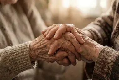 A close-up of an older woman's hands gently holding the hands of an elderly person, symbolizing a lifetime of care and support
