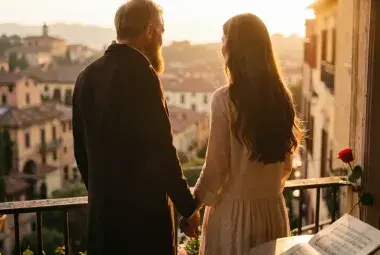 A couple sharing a romantic sunset moment, evoking the enduring love and devotion celebrated in Eros Ramazzotti's song "Por Ti Me Casaré."