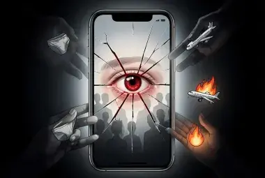 A cracked smartphone screen with a bloodshot human eye staring out, surrounded by shadowy hands holding symbolic objects, representing the trade of dignity for viral attention and views
