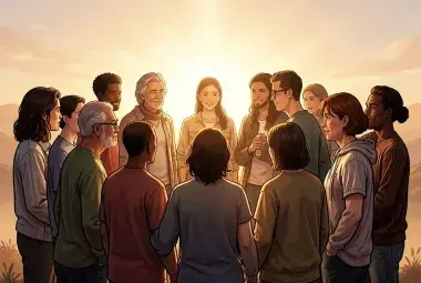 A diverse group of people standing in a circle, looking at each other with attention and respect, bathed in warm, natural light, symbolizing the return of human decency, connection, and common sense