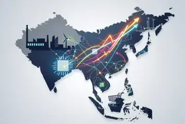 A dynamic map of Asia with icons for manufacturing, technology, and green energy, symbolizing the continent's diverse economic ascent.