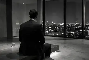 A figure in a suit sitting alone in a dark, luxurious penthouse overlooking a bright city, symbolizing the loneliness and emptiness behind external success and wealth