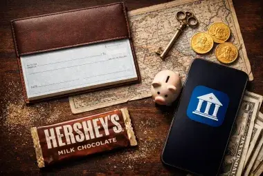 A flat lay with a piggy bank, gold coins, vintage key, chocolate wrapper, and smartphone, symbolizing the surprising history and innovation behind banks.