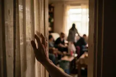 A hand gently parting a curtain at home, symbolizing the quiet search for personal space and peace within a crowded family life.