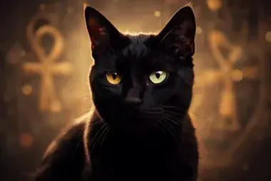 A mystical black cat with luminous eyes, symbolizing the ancient, magical, and spiritual qualities revered across cultures.