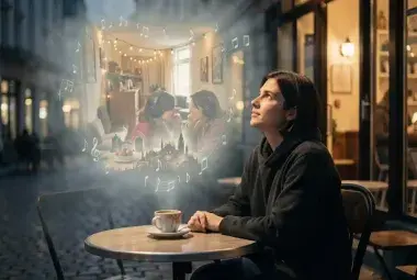 A person alone at a nighttime café, with ghostly musical notes and a fragmented memory of a hostel and two people sharing headphones floating above, symbolizing a past travel romance forever tied to a song