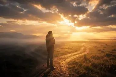 A person at a sunrise crossroads, one path illuminated, symbolizing the choice between divine wisdom and human folly.