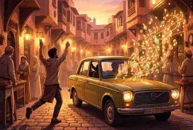 A person chasing a vintage taxi through a golden Marrakech medina at dusk, with luminous musical notes flowing from the window, symbolizing a spontaneous encounter that leads to love, fame, and a life-changing story