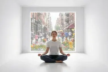 A person meditating serenely in an empty, white, windowless room, with a faint, translucent view of a vibrant, real world outside, symbolizing the dark side of mindfulness without purpose