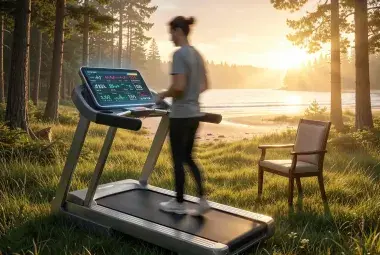 A person on a high-tech treadmill in a serene natural landscape, staring at the glowing metric display, while a simple empty chair nearby is bathed in warm sunlight, symbolizing the trap of self-optimization versus the peace of simply being