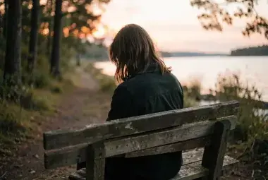 A person sitting alone on a bench in a peaceful natural setting at dusk, symbolizing the sacred act of pausing and listening to the whispers within.