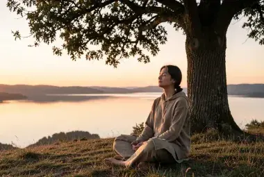 A person sitting peacefully in nature at sunset, symbolizing the quiet joy found when the search for happiness ends.