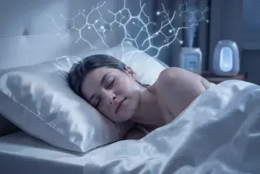 A person sleeping peacefully on a silk pillowcase in soft moonlight, with faint, luminous overlays of collagen and melatonin molecules, representing the science of beauty sleep and overnight skin repair