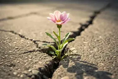 A resilient green plant growing through a crack in a concrete pavement, illuminated by soft light