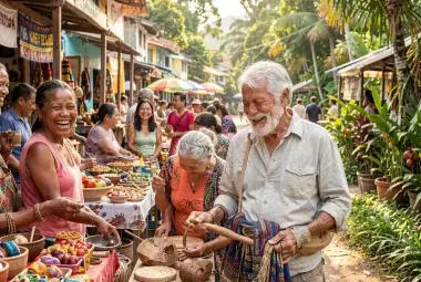 A retiree happily engaged with locals in a new country, symbolizing purposeful living and global community.