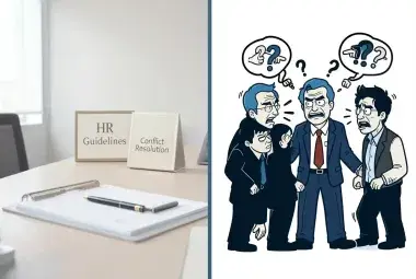 A split-image contrasting a professional HR setting with silhouettes of the Big Bang Theory cast in chaos, symbolizing the challenge of workplace conflict resolution.