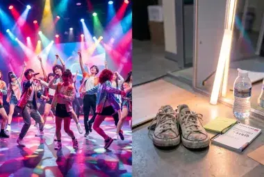 A split-image contrasting a vibrant K-pop performance with practice shoes and a notebook, symbolizing the artistry and hidden dedication behind the music.