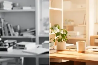 A split-image showing a transition from a cluttered space to a clear, organized one, symbolizing the mental clarity from ruthless self-honesty.