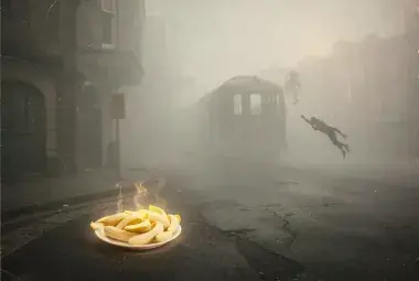 A surreal, foggy street corner with a glowing plate of peeled bananas, and ghostly silhouettes of a subway train and an octopus in the background