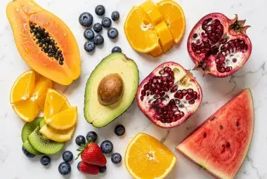 A vibrant flat lay of fresh, sliced fruits including papaya, berries, and citrus, symbolizing natural skincare and a healthy glow from within.