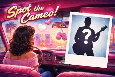 A vintage-style scene from Tracey Ullman's "They Don't Know" video with an empty driver's seat, challenging viewers to spot the famous cameo.