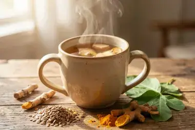 A warm mug of ginger tea on a wooden table, surrounded by scattered ground flaxseeds, dried turmeric roots, and fresh malunggay leaves