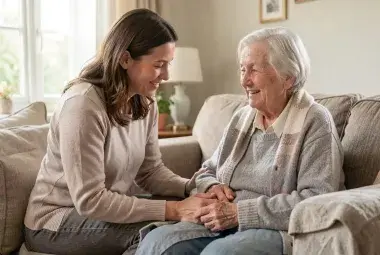 Adult daughter caring for her elderly mother at home representing unpaid caregiving and retirement security challenges